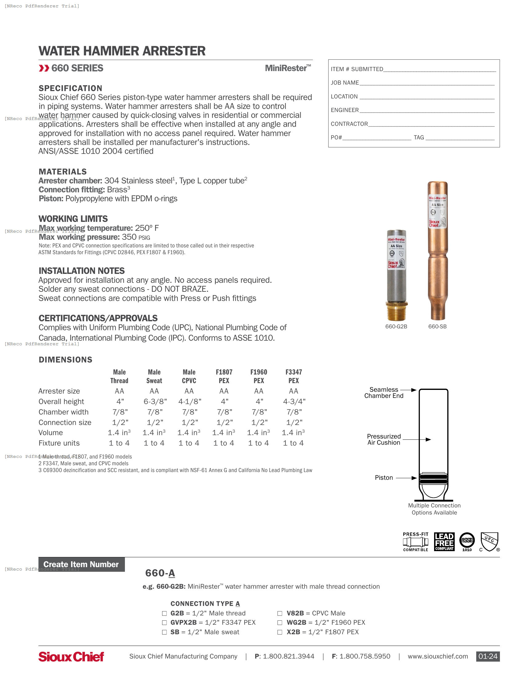 660 SERIES - MINIRESTER WATER HAMMER ARRESTER - SPEC SHEET.PDF Specification Document